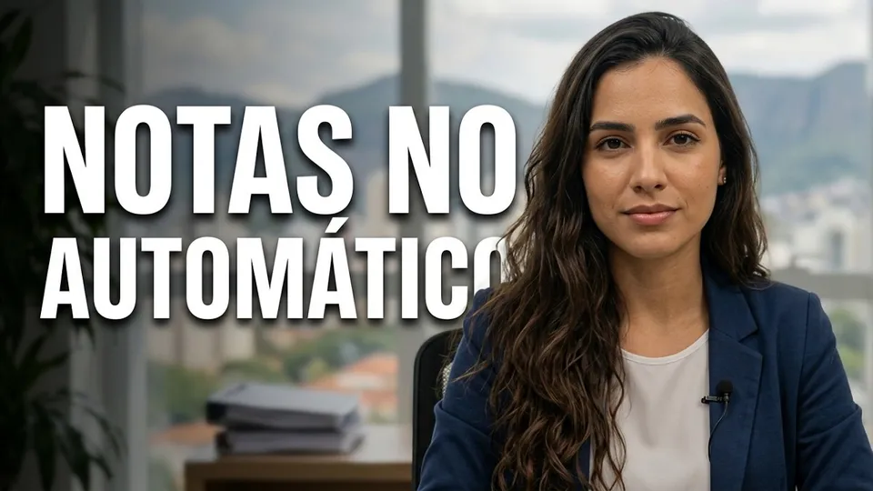 Apresentadora do Nota Fácil Downloader em um escritório, com o texto Notas no automático